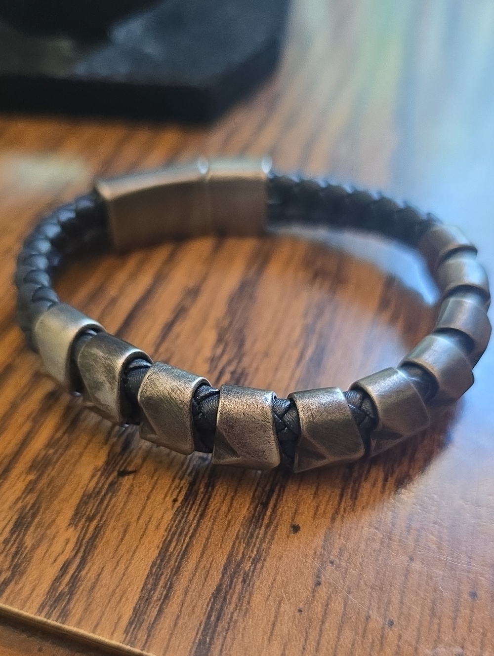 Steve Madden Braided Leather and Antiqued Metal Bead Bracelet - Black & Silver